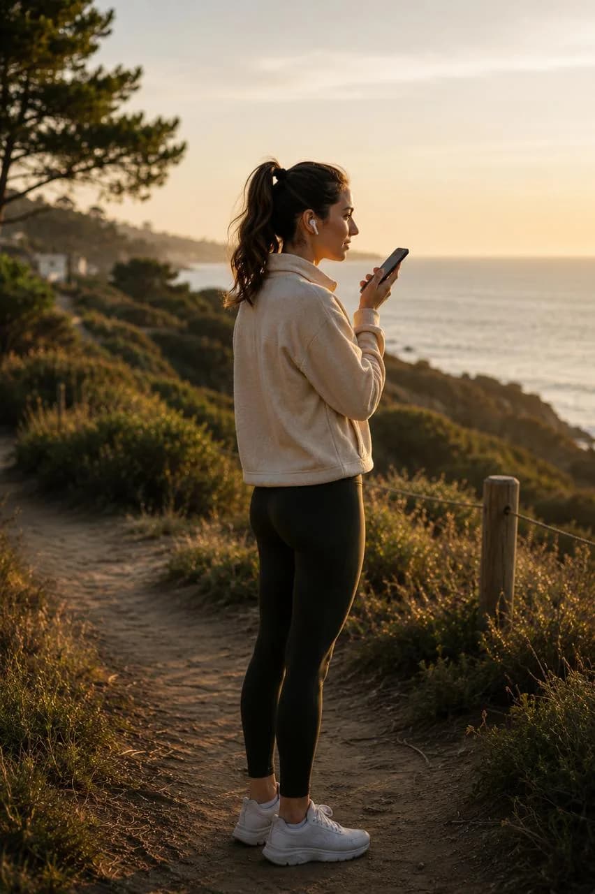 A woman on a coastal trail at golden hour, sending a voice note