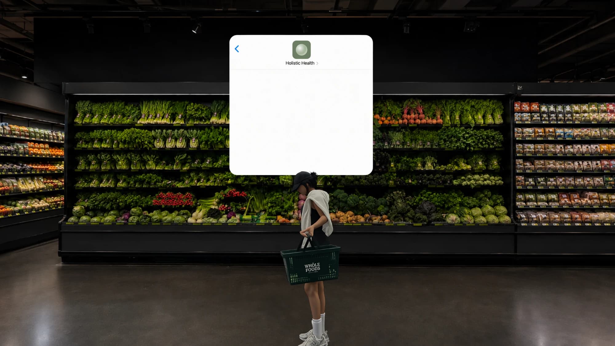 A shopper in a produce aisle, a Holistic Health conversation floating above her