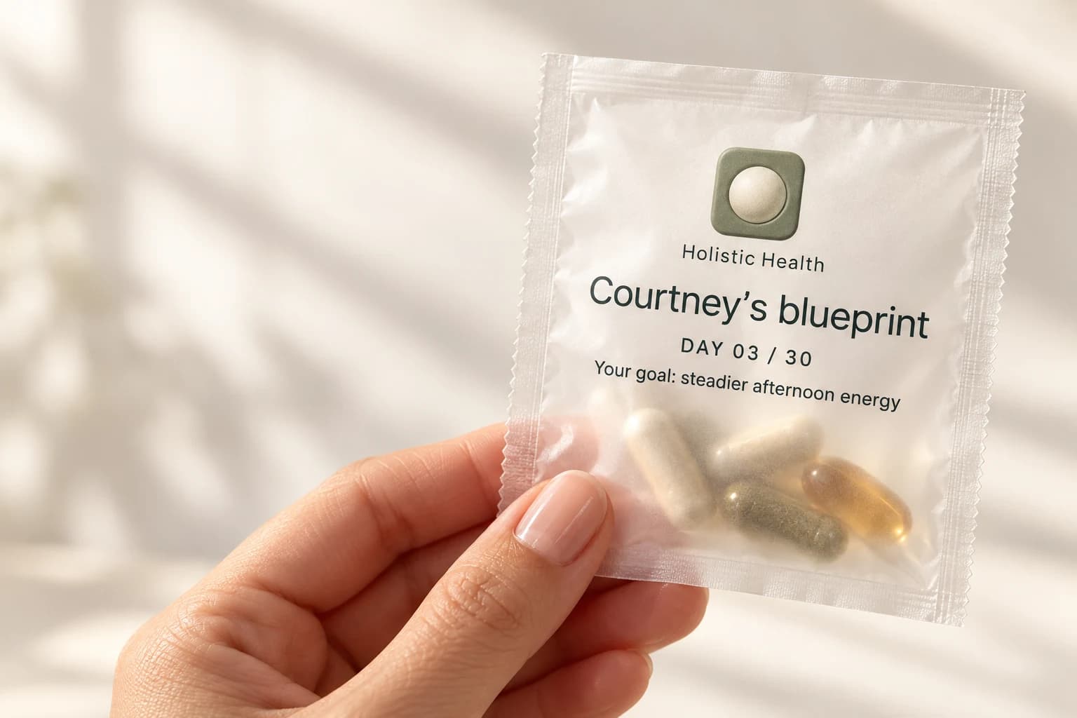 Courtney holding her personalized daily supplements at home