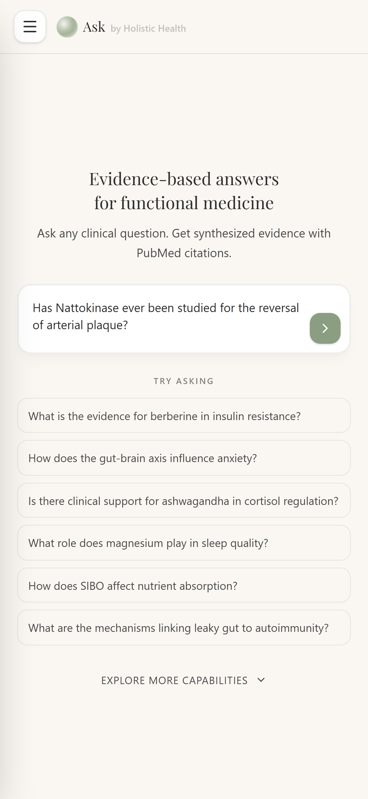 Ask — search bar and suggested clinical questions