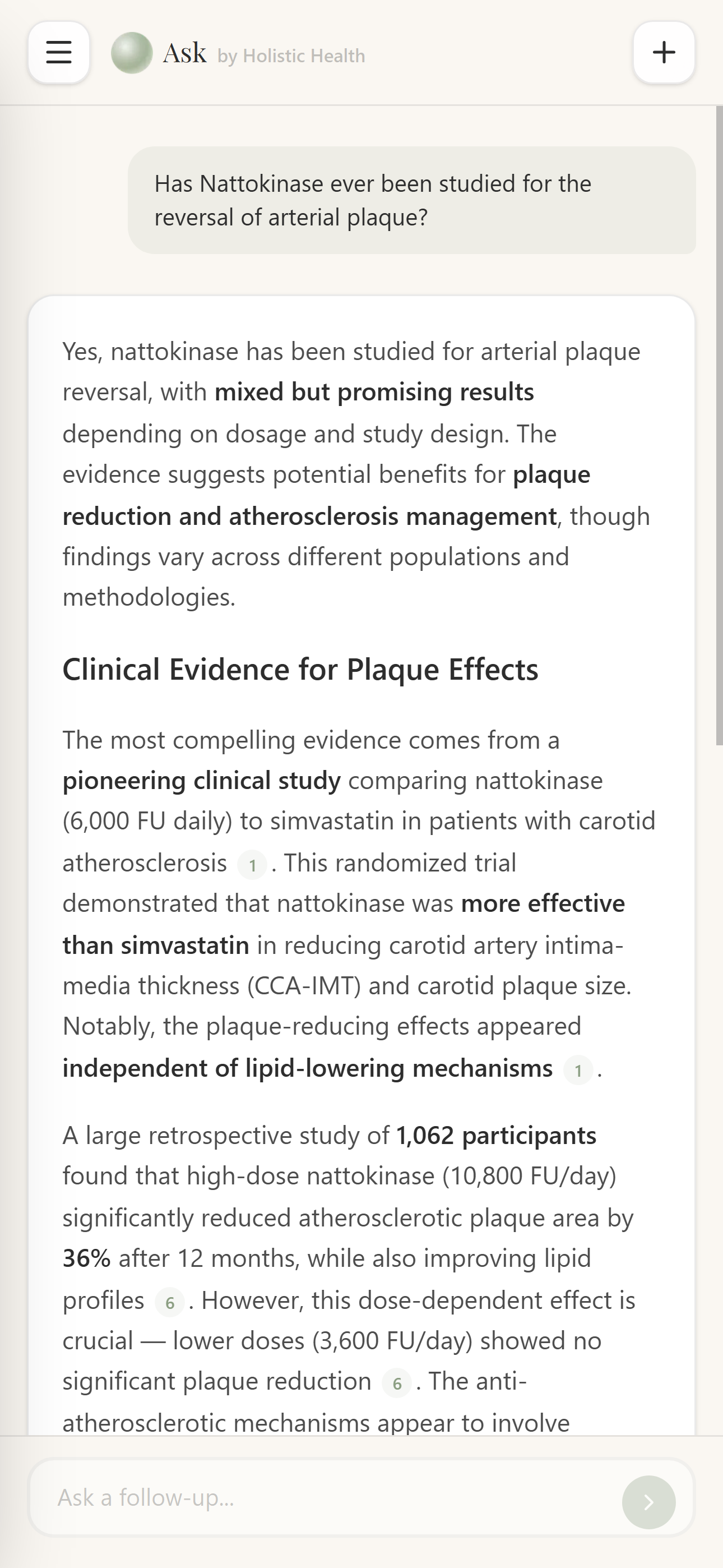 Ask — synthesized answer with inline PubMed citations